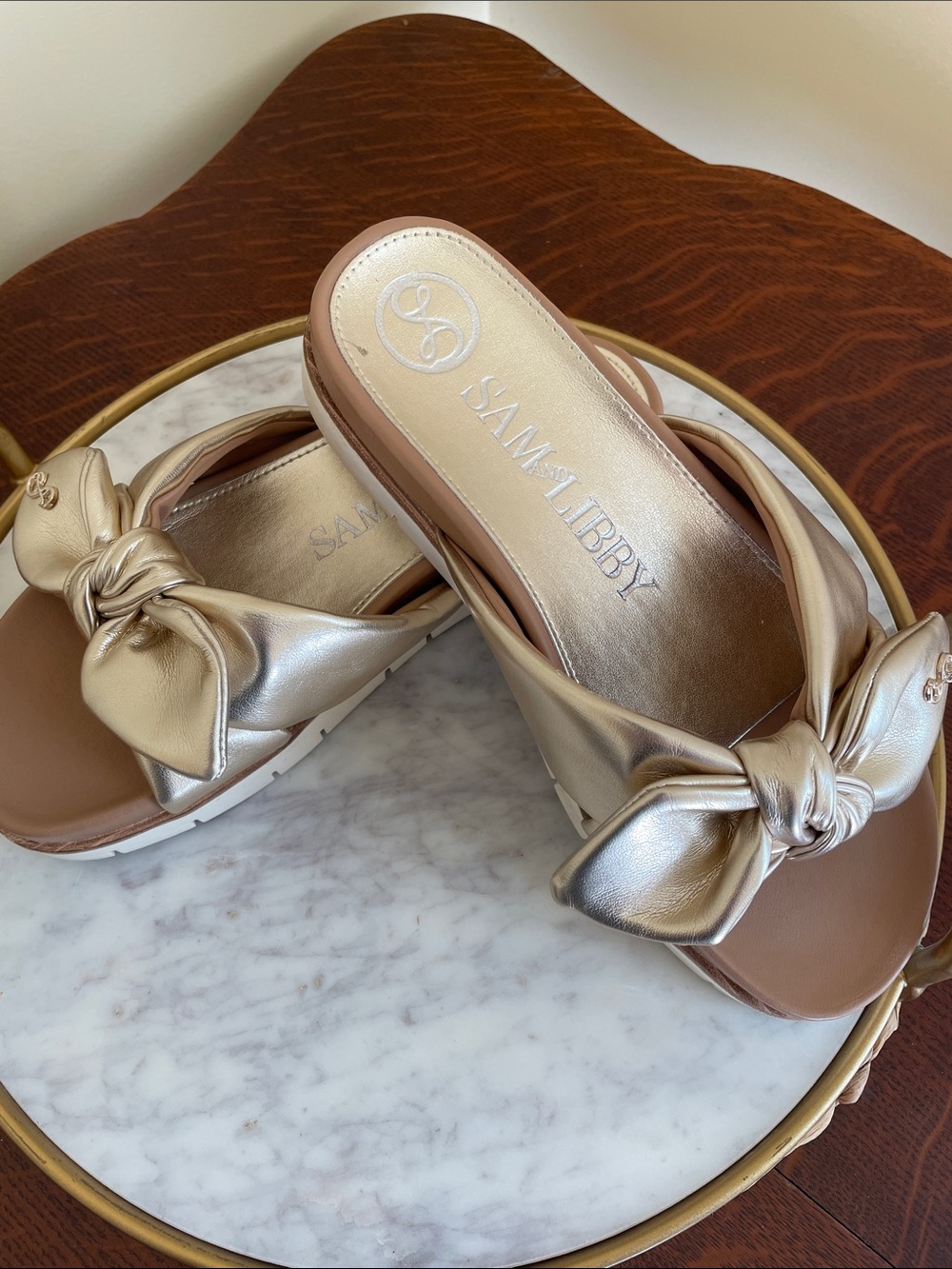 Sam & Libby Metallic Gold Knotted Slide Sandals